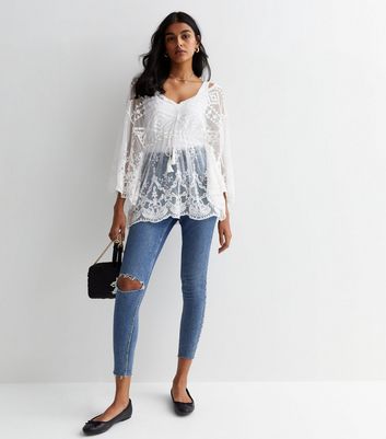 Gini London White Lace Embroidered Tie Front Top | New Look