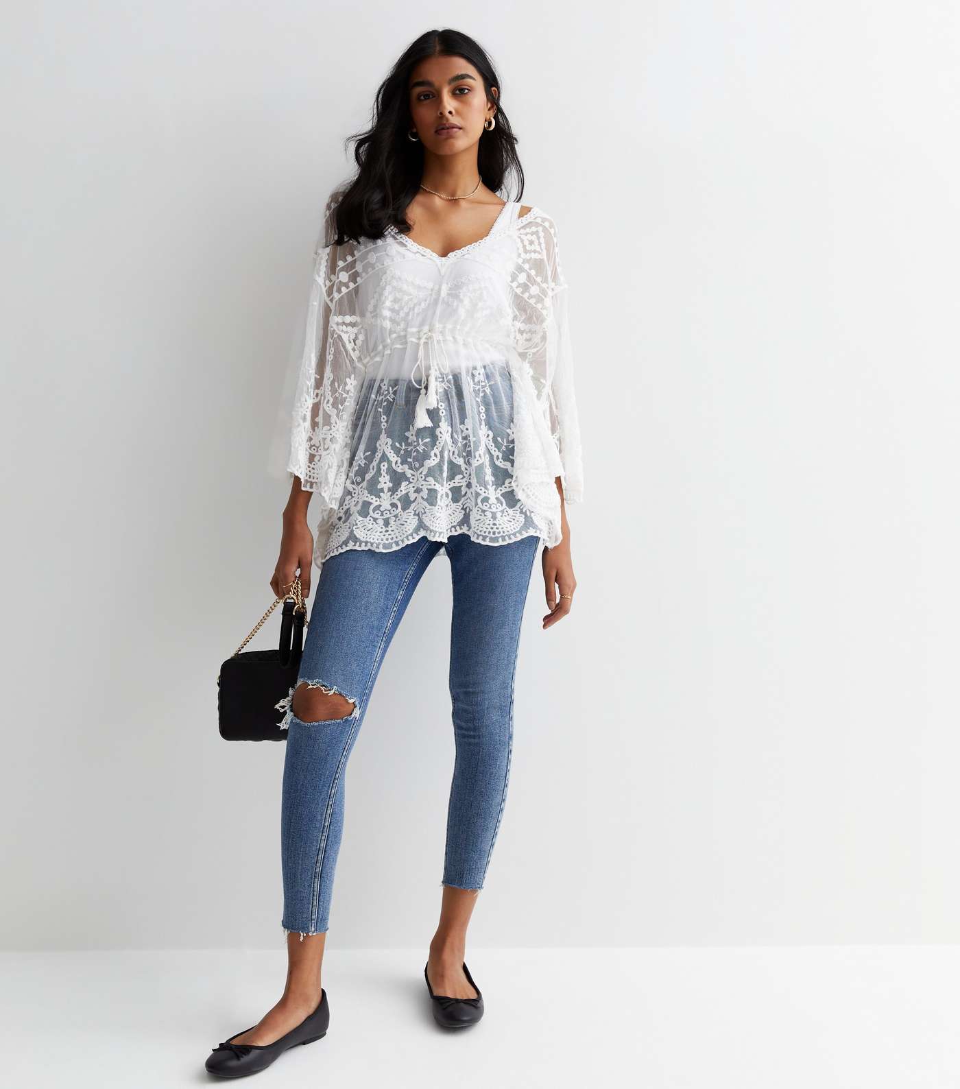 Gini London White Lace Embroidered Tie Front Top Image 2