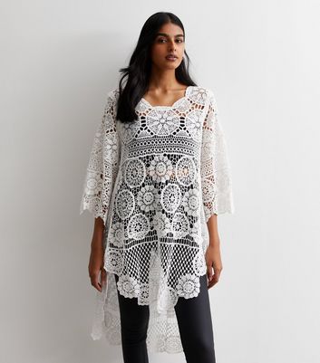 Gini London White Cotton Crochet Long Top New Look