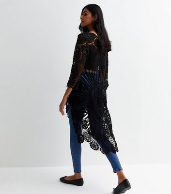 Gini London Black Cotton Crochet Knit Dip Hem Longline Top New Look