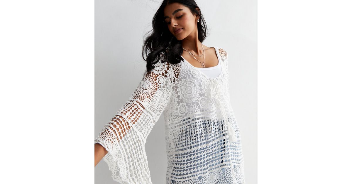 Gini London White Crochet Lace Up Top | New Look
