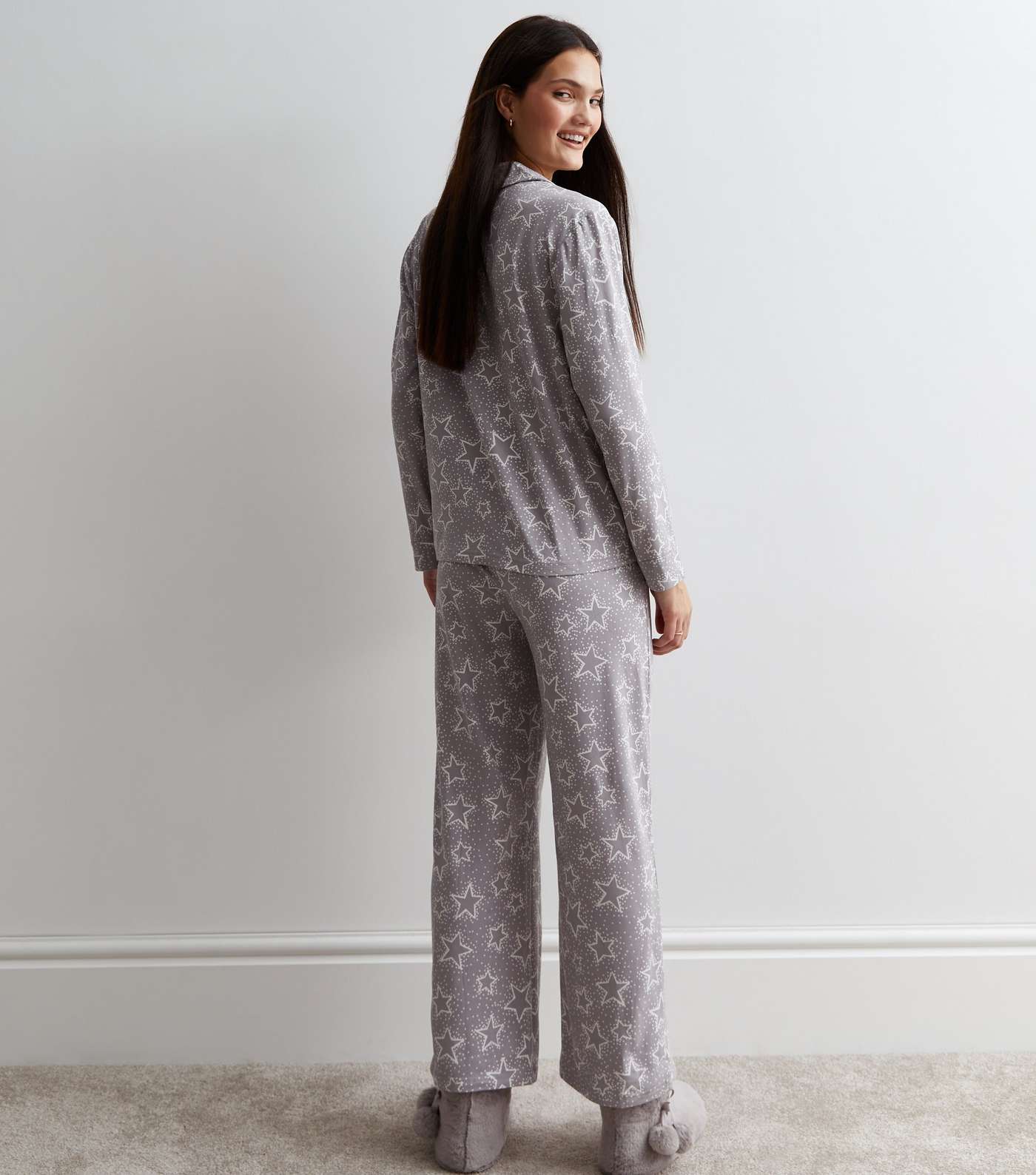 Light Grey Revere Trouser Pyjama Set with Star Print Image 4