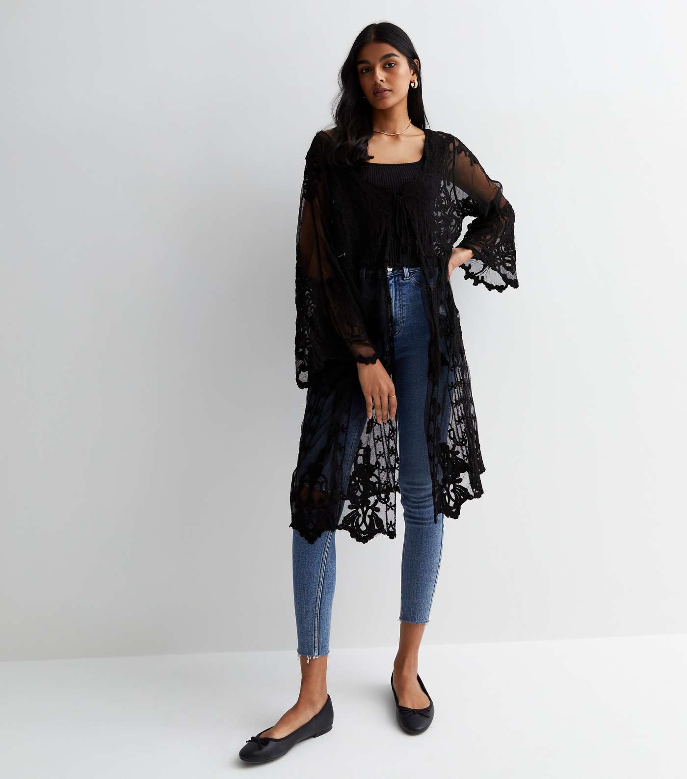 Gini London Black Cotton Embroidered Crochet Knit Cardigan Image 2
