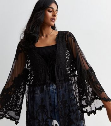 Gini London Black Cotton Embroidered Crochet Knit Cardigan New Look