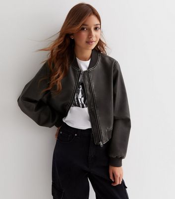 Girls Dark Grey Leather-Look Bomber Jacket New Look
