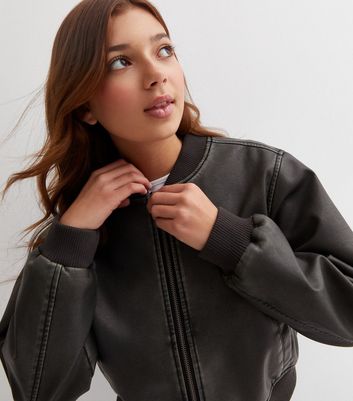 Girls Dark Grey Leather Look Bomber Jacket New Look