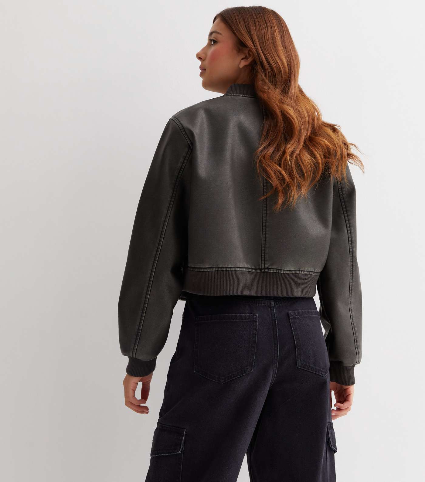 Girls Dark Grey Leather-Look Bomber Jacket Image 4