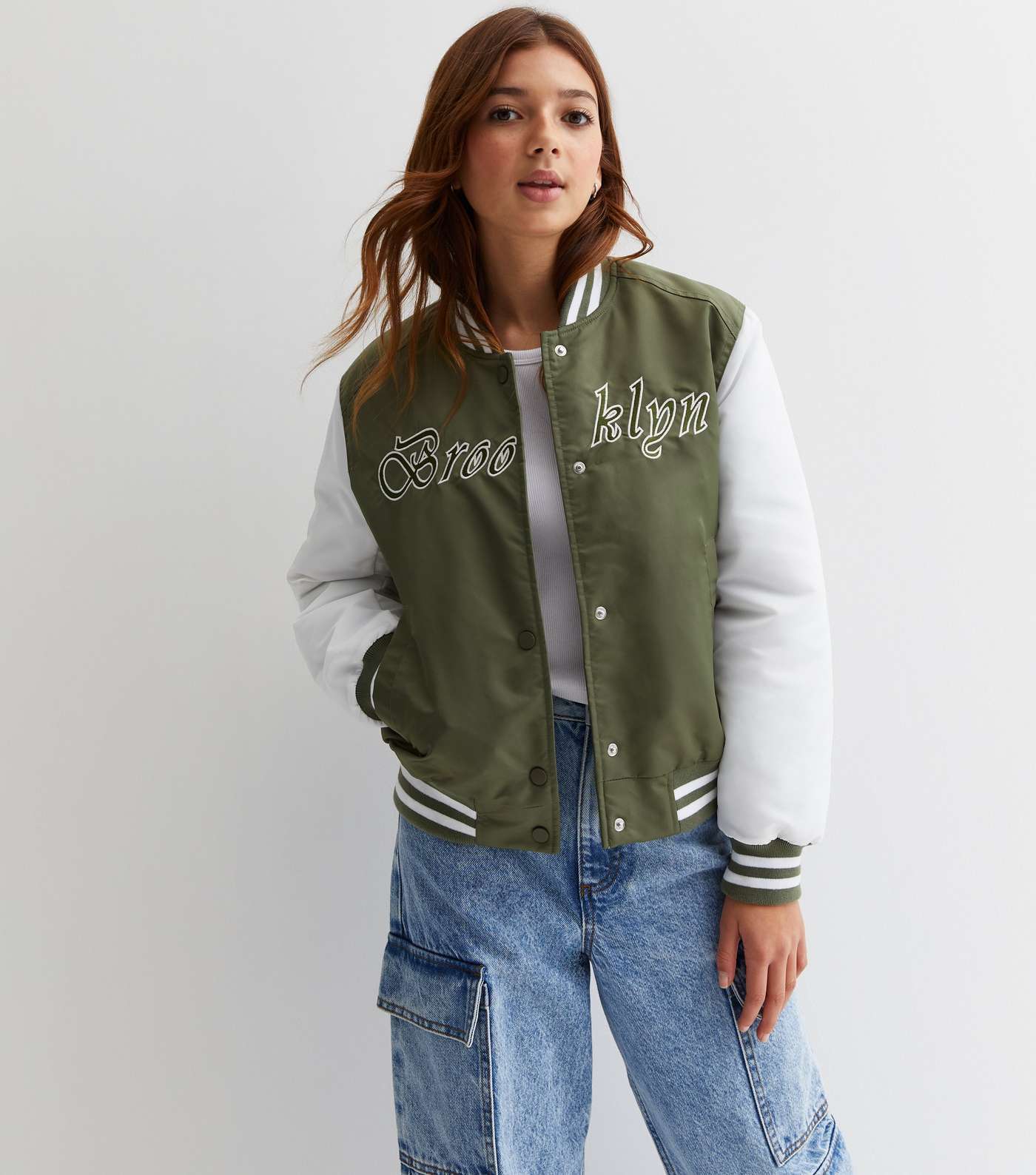 Girls Khaki Brooklyn Logo Varsity Jacket | New Look