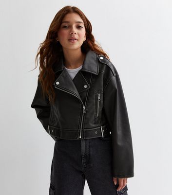 Girls Dark Grey Washed Leather Look Jacket New Look