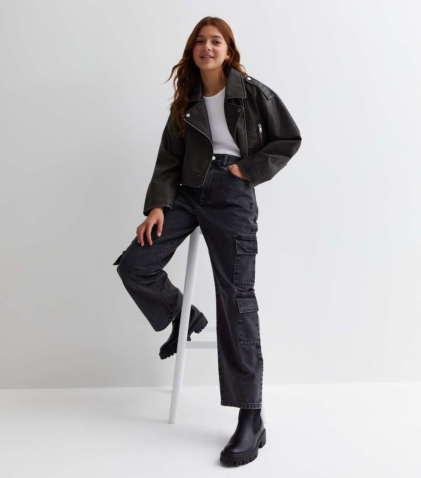 Girls Dark Grey Washed Leather-Look Jacket Image 3