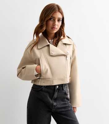 Girls Cream Faux Leather Cropped Jacket