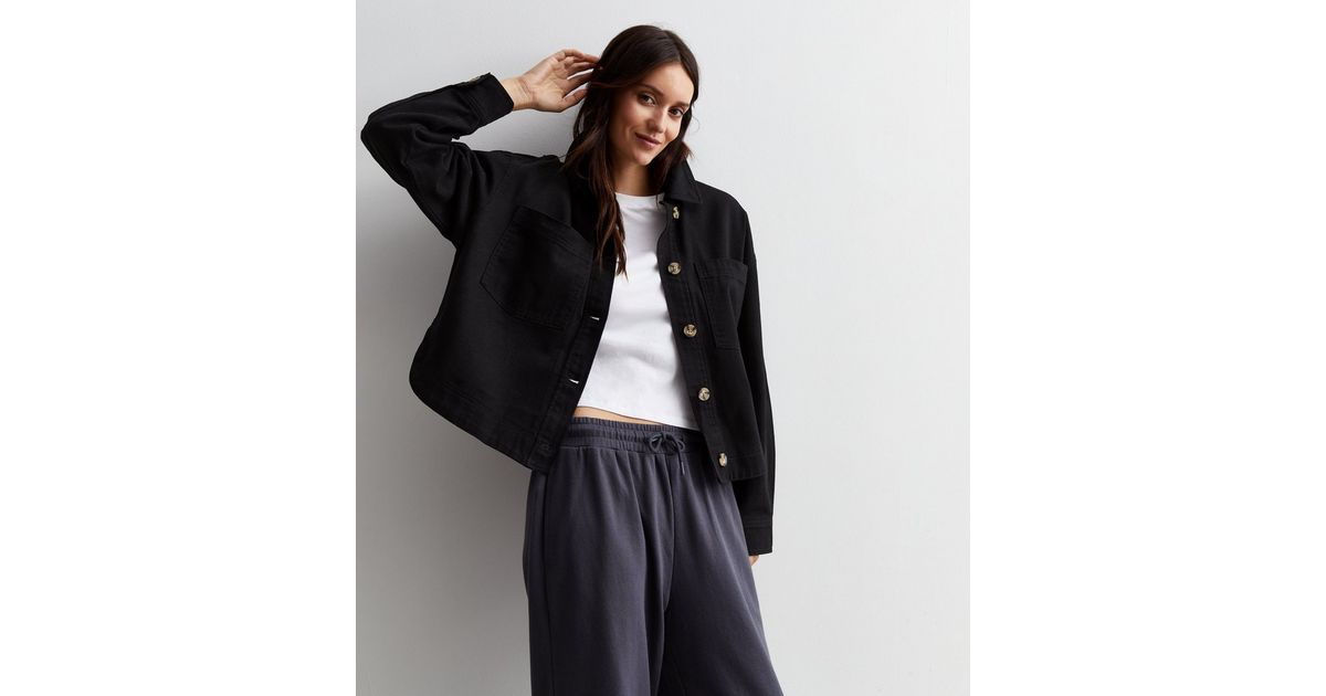 Black Cotton Pocket Front Crop Shacket New Look