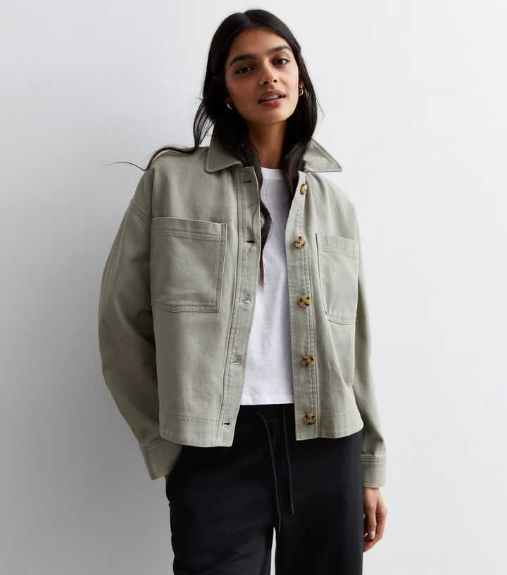 Light Green Cotton Pocket Front Crop Shacket