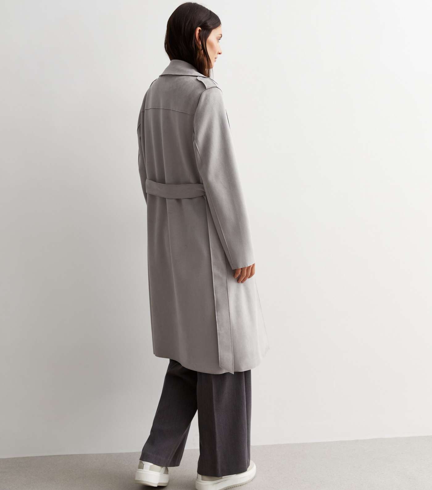 Pale Grey Suedette Belted Duster Coat Image 4