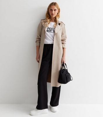Stone Suedette Belted Duster Coat New Look