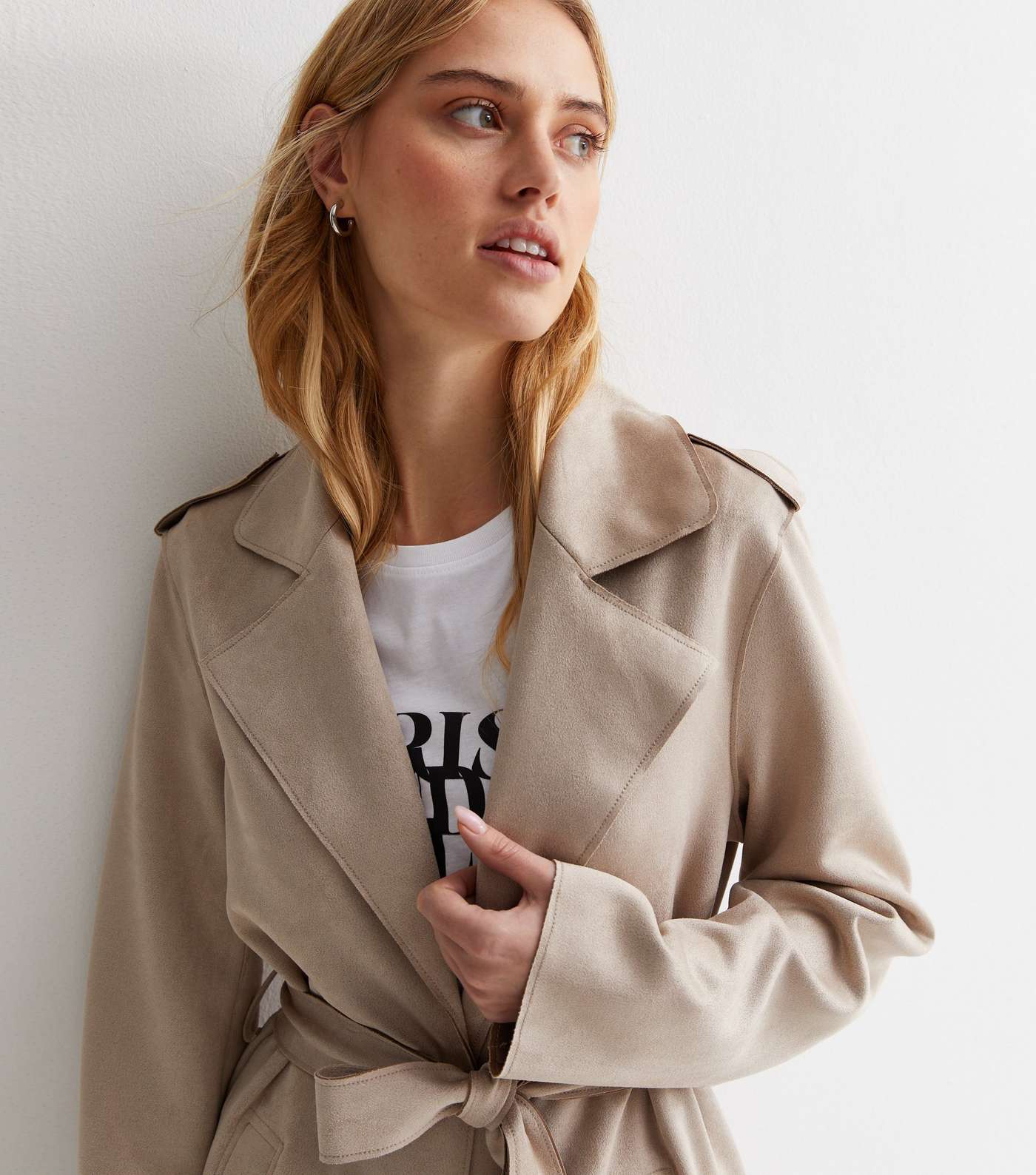 Stone Suedette Belted Duster Coat Image 3