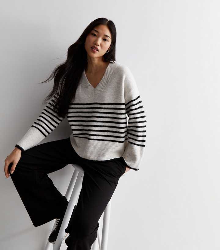 Light Grey Stripe V Neck Jumper