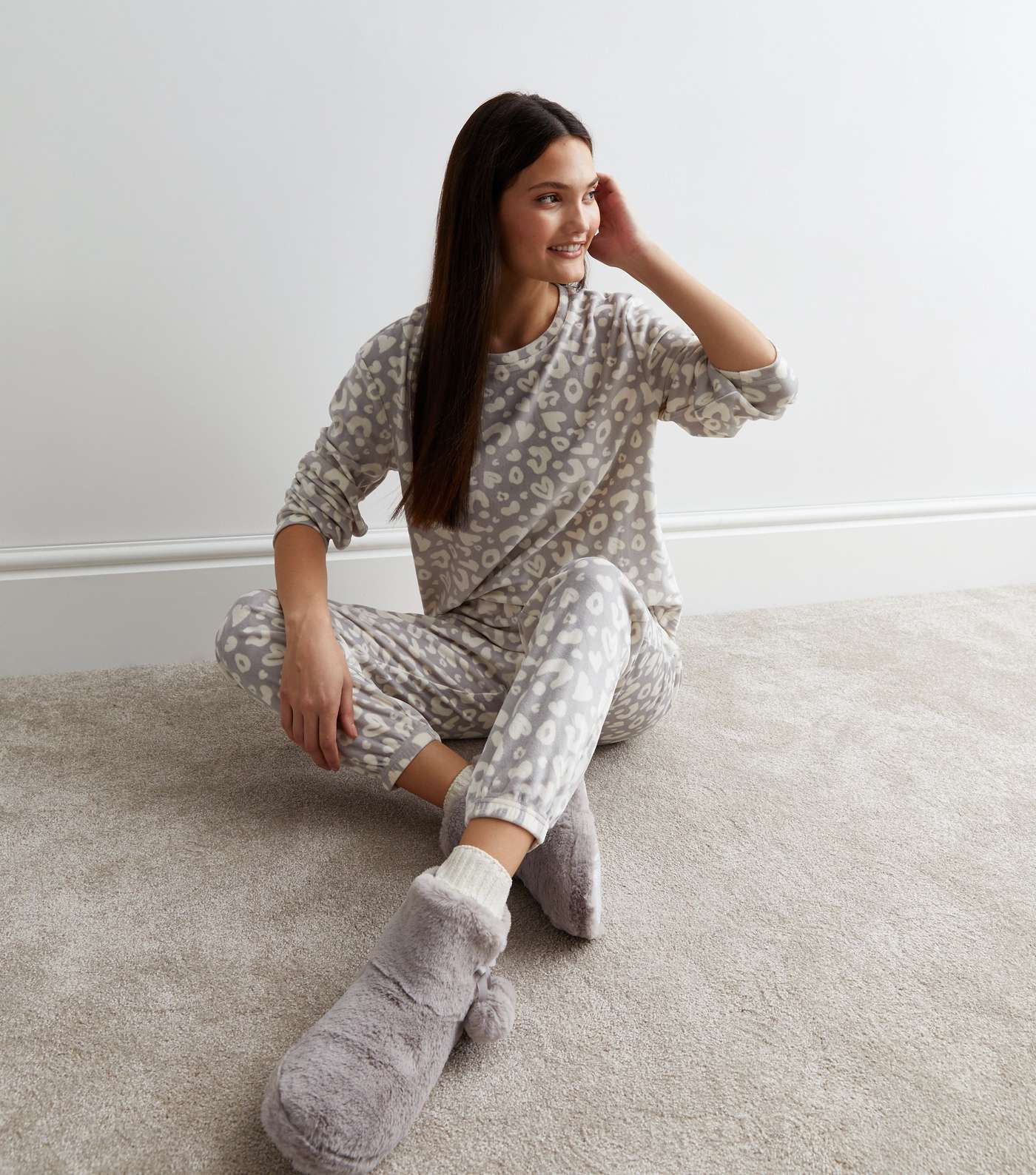 Light Grey Animal Print Fleece Pyjama Joggers Image 4