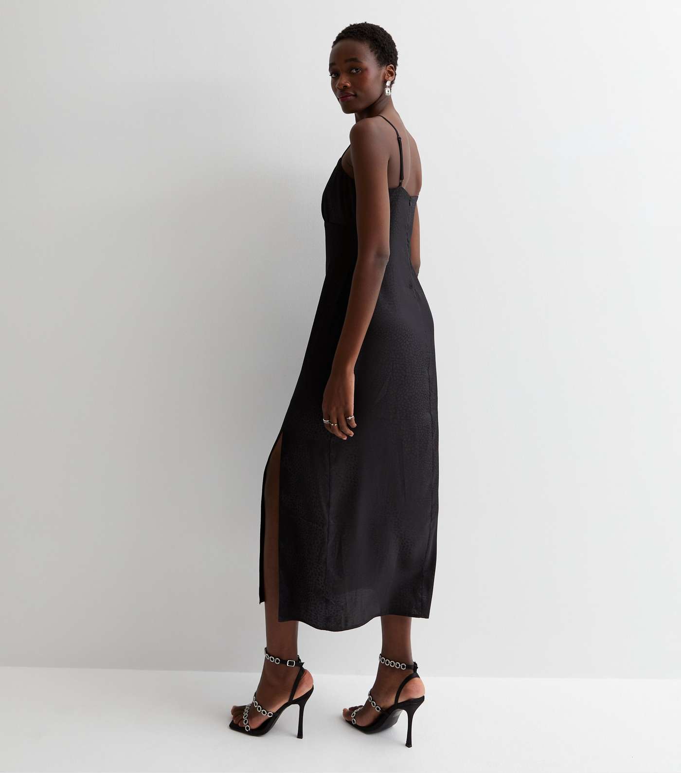 Tall Black Satin Jacquard Strappy Midaxi Dress Image 4