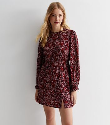 Pink Floral Ditsy Crew Neck Long Sleeve Mini Dress