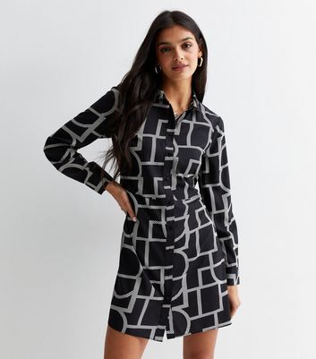 Black Abstract Print Mini Shirt Dress New Look