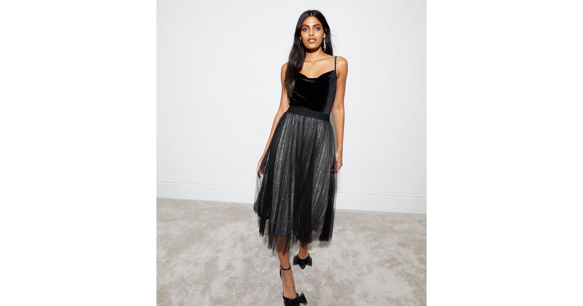 Glittering Style Black Sequin Mesh High-Rise Midi Skirt