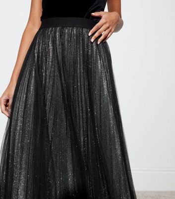 Black Mesh Glitter Pleated Midaxi Skirt | New Look