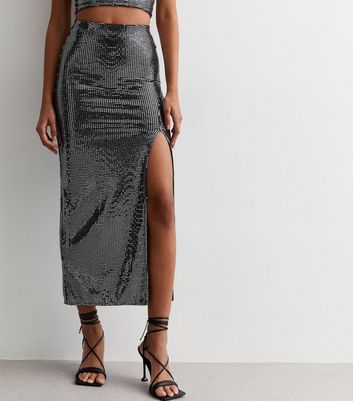 Silver Sequin Split Hem Midaxi Skirt New Look