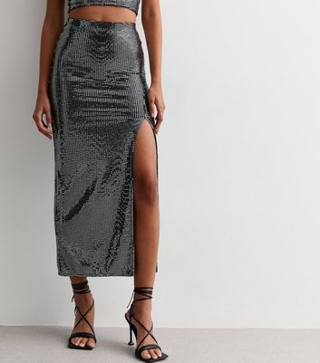 Silver sequin split 2025 hem midi skirt