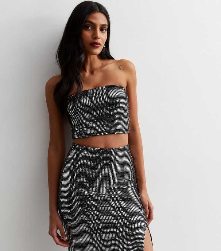 Silver Sequin Bandeau Crop Top
