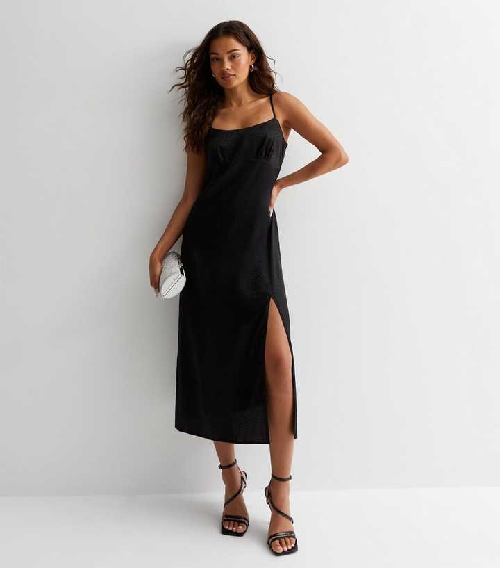 Petite Black Jacquard Animal Print Satin Strappy Midi Dress