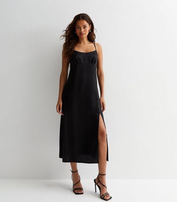 Petite Black Jacquard Animal Print Satin Strappy Midi Dress New Look