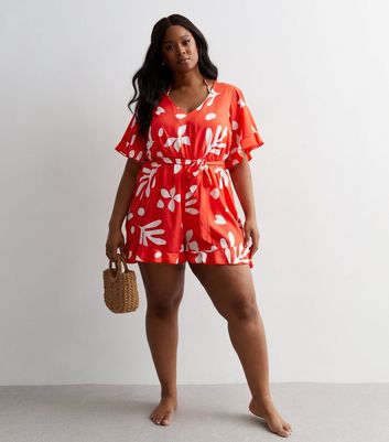 Curves Red Floral Frill Playsuit New Look