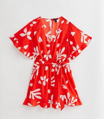Curves Red Floral Frill Playsuit New Look