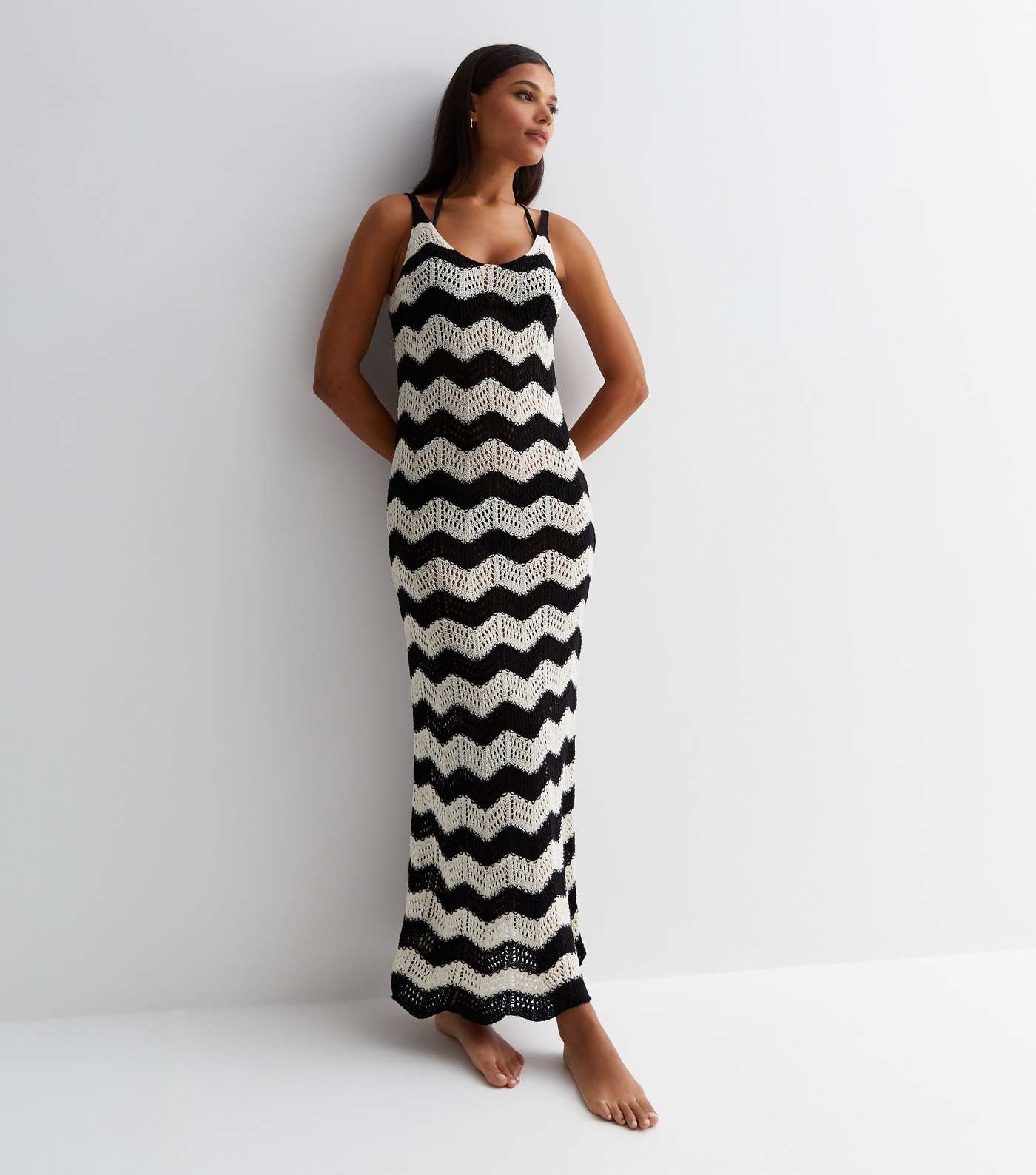 Black Stripe Crochet Knit Maxi Beach Dress Image 3