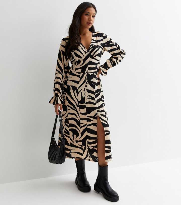 Petite Black Animal Print V Neck Ruffle Midaxi Dress