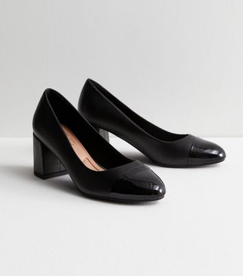 Black Leather-Look Block Heel Court Shoes New Look
