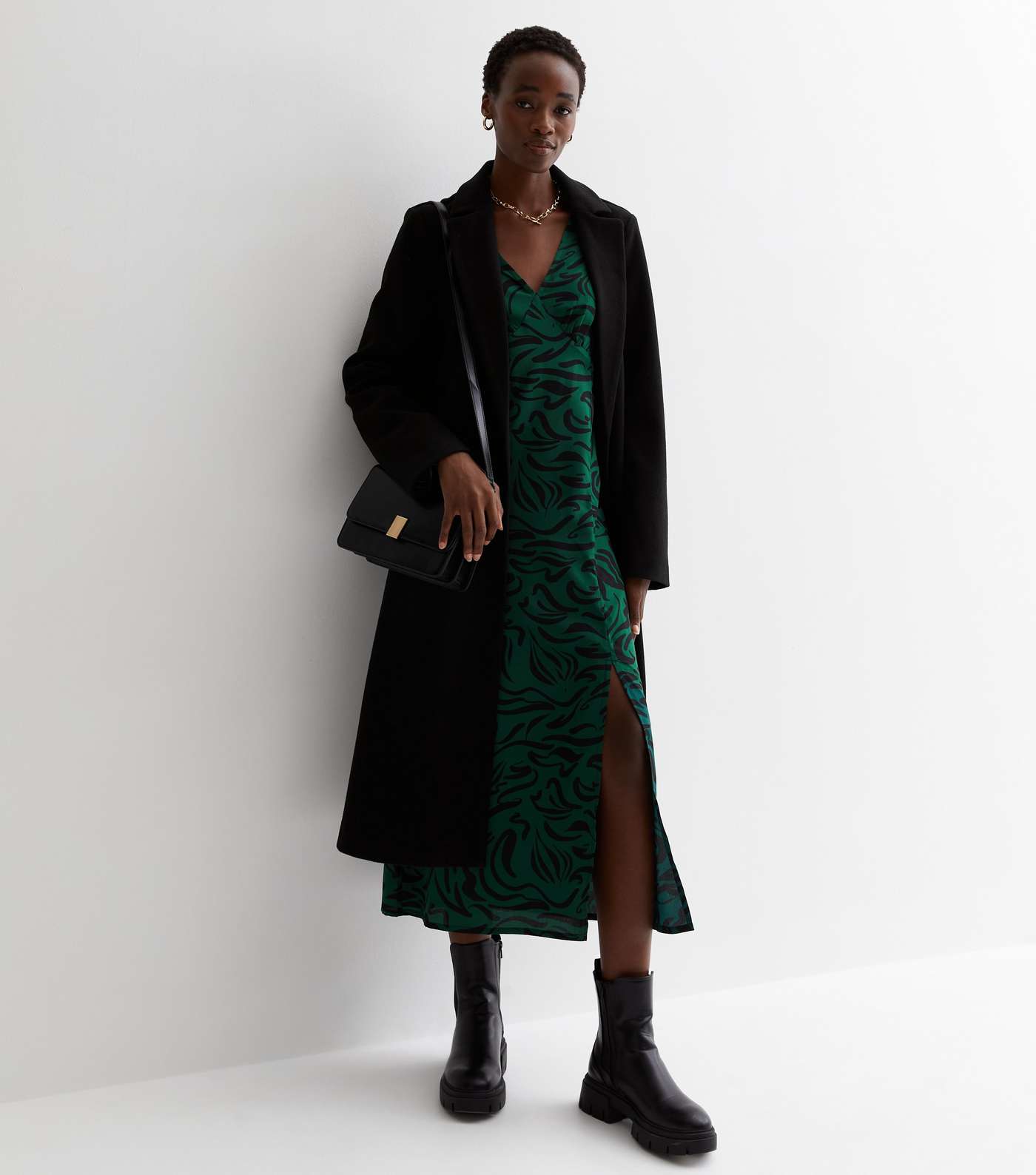 Tall Green Abstract Print Ruffle Split Hem Midaxi Dress Image 3