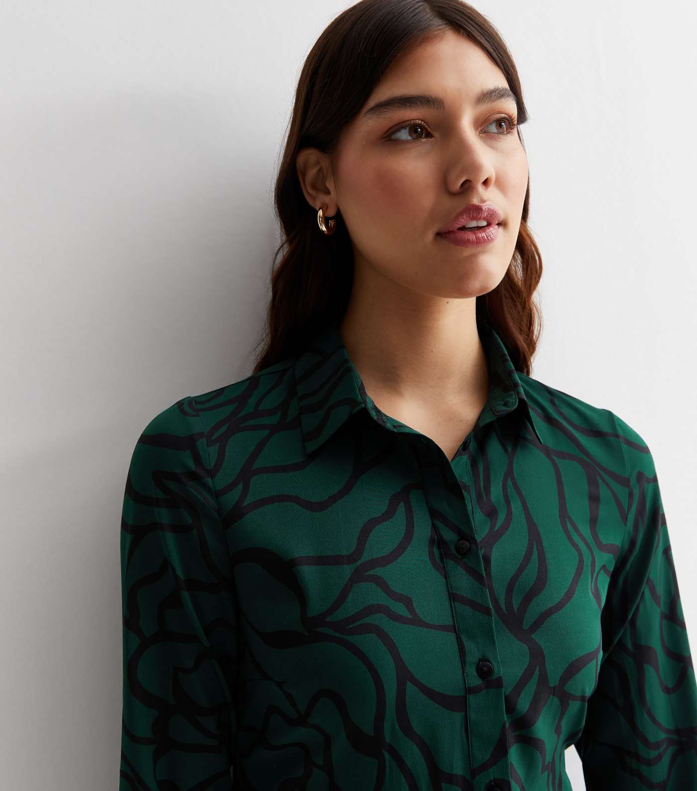 Tall Dark Green Floral Line Print Mini Shirt Dress Image 3