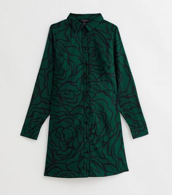 Tall Dark Green Floral Line Print Mini Shirt Dress New Look