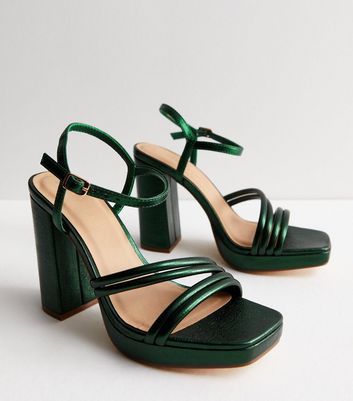 Dark green block store heel sandals