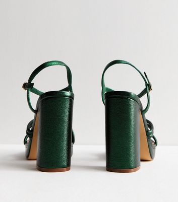Dark Green Metallic Platform Block Heel Sandals New Look Vegan
