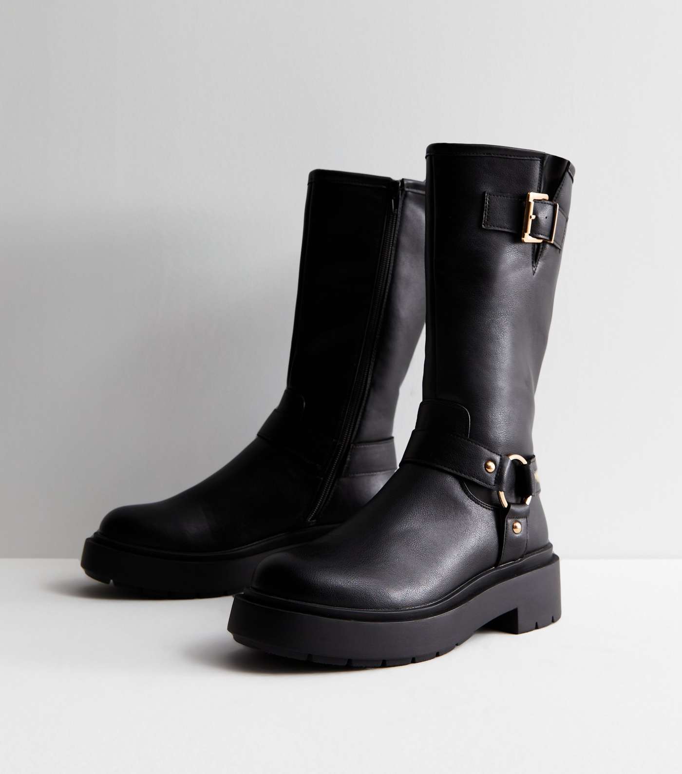 Black Leather-Look Stretch Calf Biker Boots Image 2