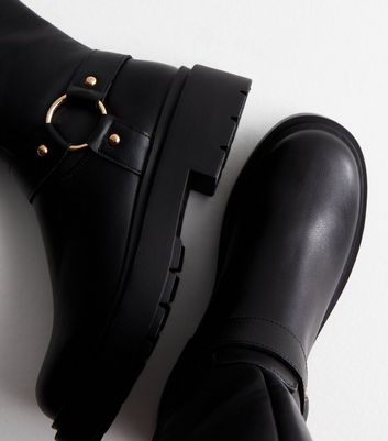 Black Leather-Look Stretch Calf Biker Boots New Look