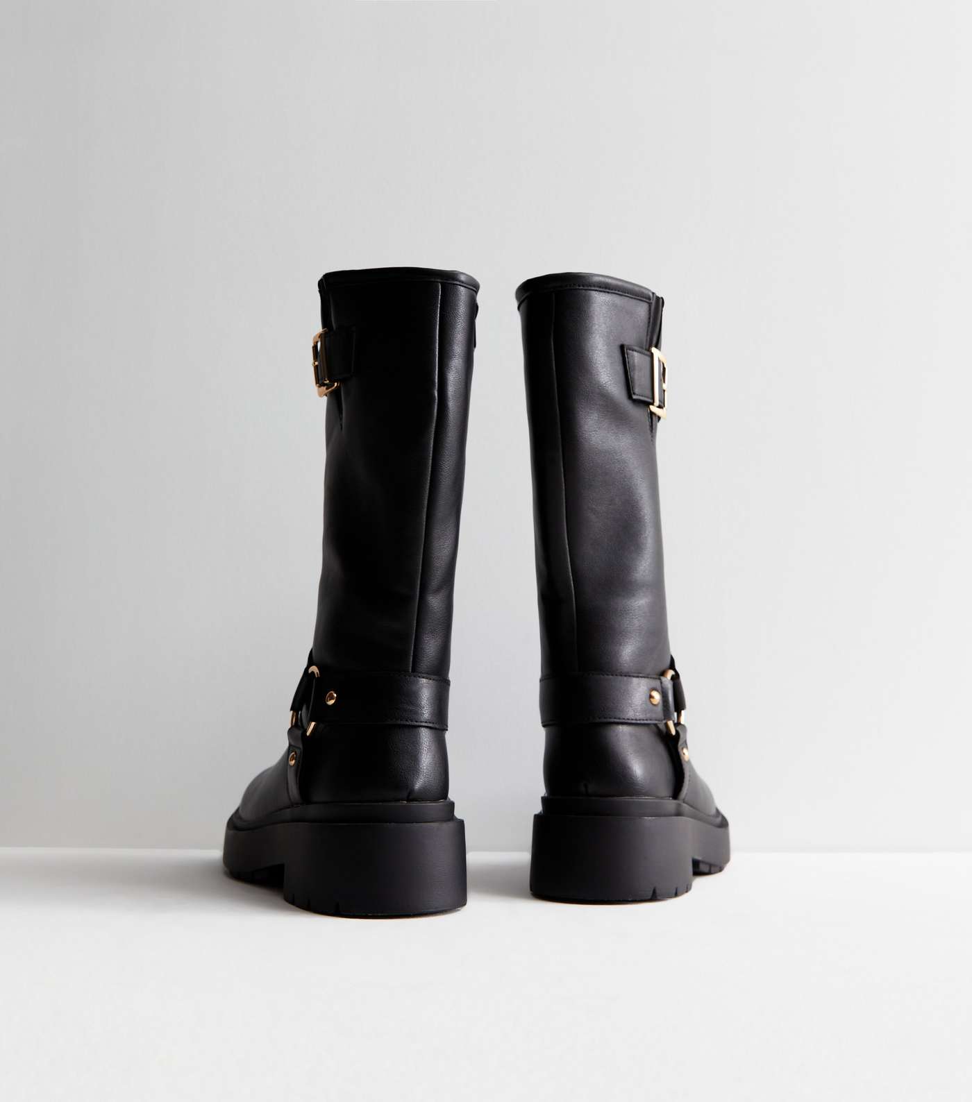 Black Leather-Look Stretch Calf Biker Boots Image 4