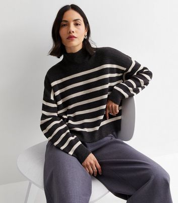 Dark Grey Stripe Knit High Neck Jumper New Look