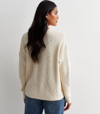 Off White Open Knit Crew Neck Jumper | New Look
