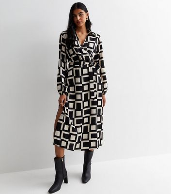 Black Window Check Wrap Belted Midi Dress | New Look