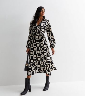 Black Window Check Wrap Belted Midi Dress | New Look