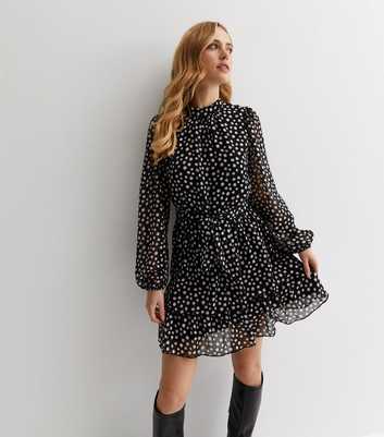 Black Chiffon Spot Print Tiered Mini Dress